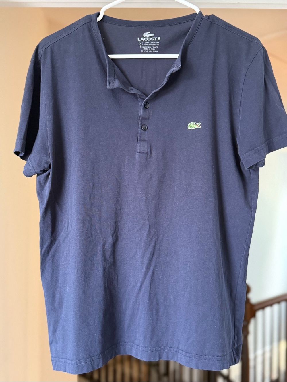 Lacoste Men’s Navy Blue Pima Cotton Henley T-Shirt Short Sleeve Croc Logo. Sz M